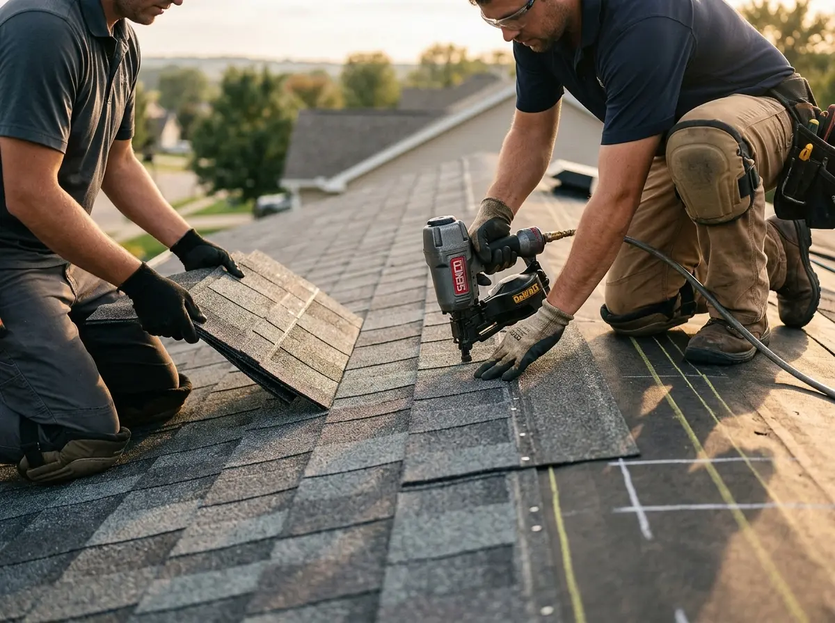 Professional roofer working on a residential roof in Hackensack
